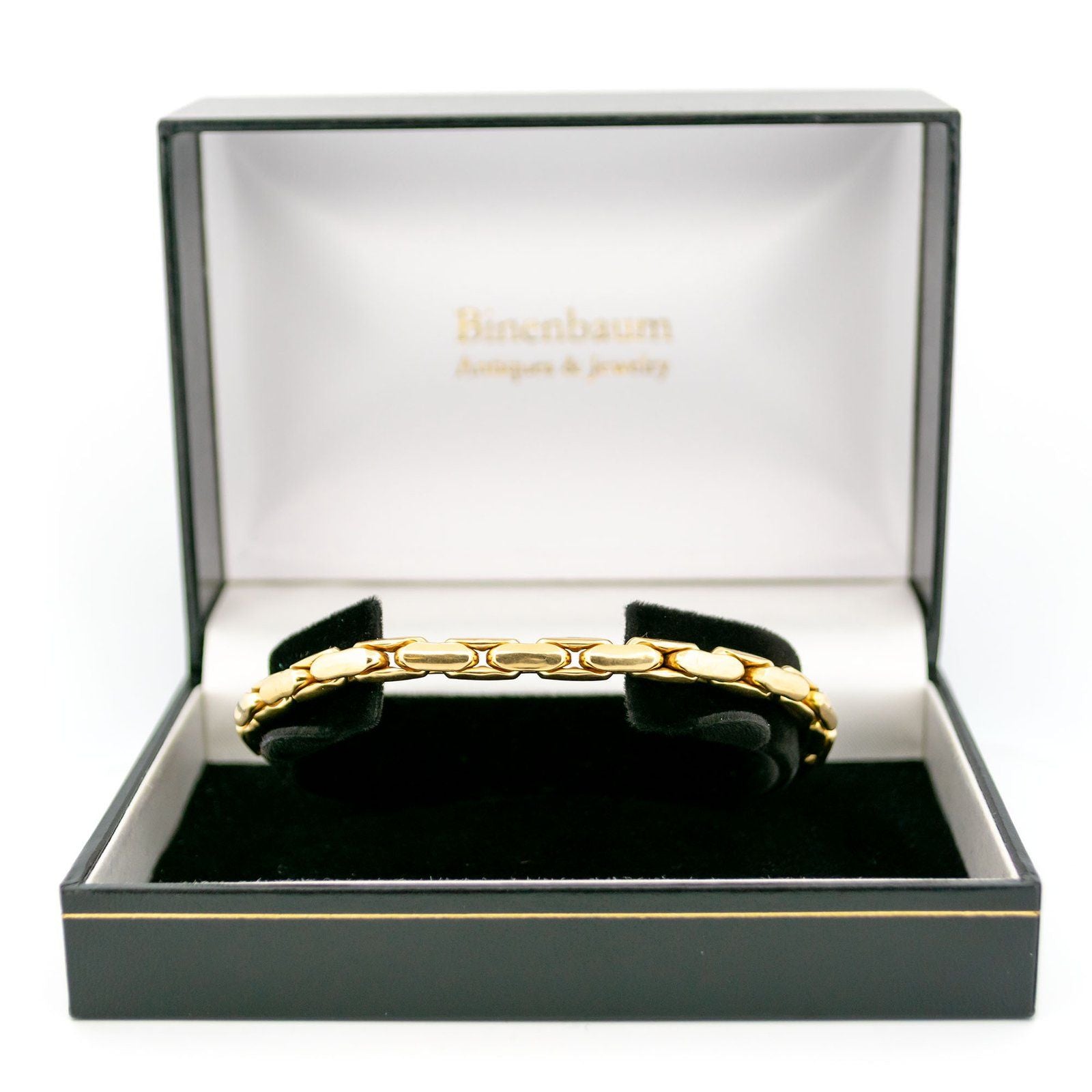 A yellow gold elongated box link bracelet, in a box