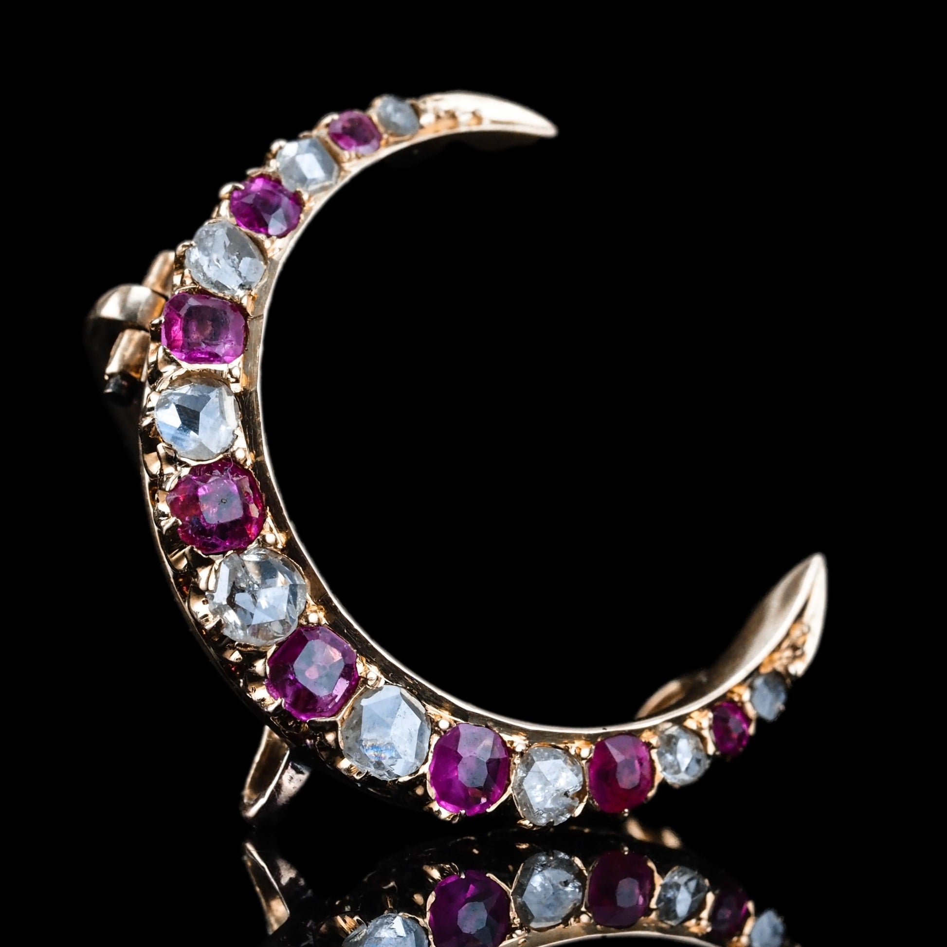 Victorian Antique Victorian Ruby and Old Cut Diamond Crescent Brooch