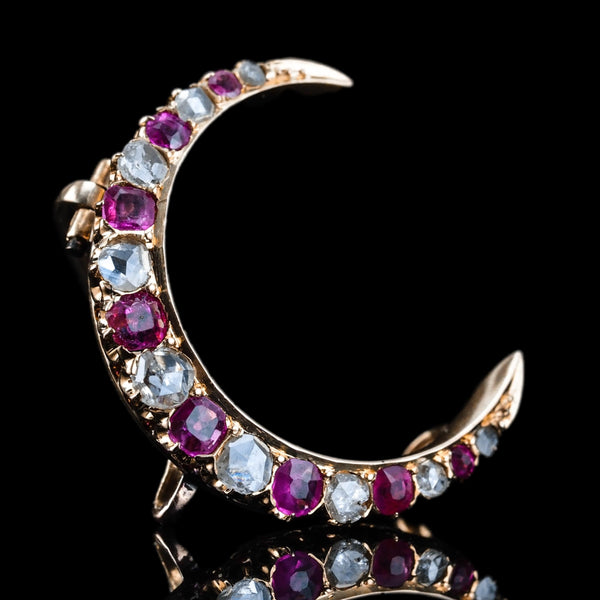 Victorian Antique Victorian Ruby and Old Cut Diamond Crescent Brooch