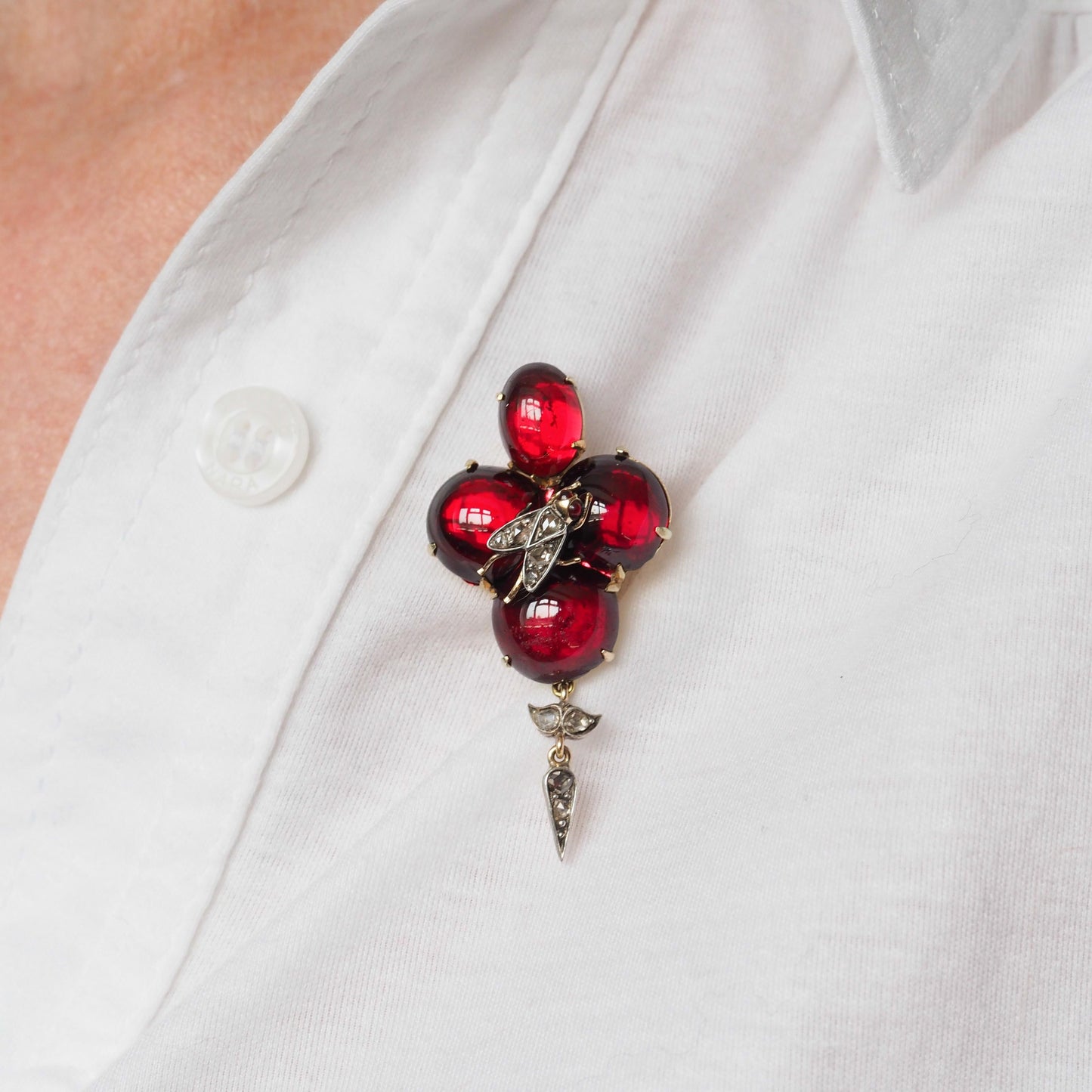Victorian Antique Cabochon Garnet and Diamond Pendant come Brooch, Circa 1880