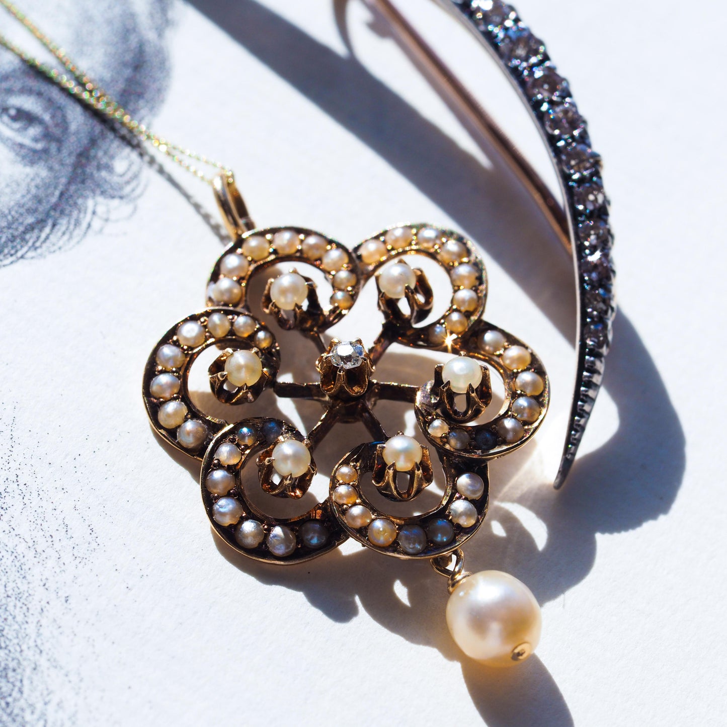 Antique Victorian Diamond & Pearl Pendant Necklace 14K Gold - c.1900