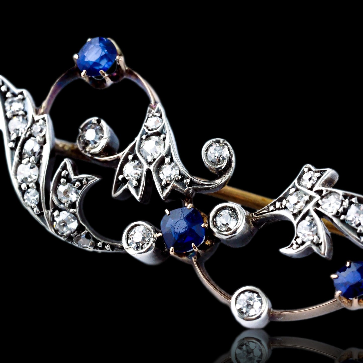 Antique Victorian Sapphire and Old Cut Diamond Brooch with Foliate Motif, Circa 1880