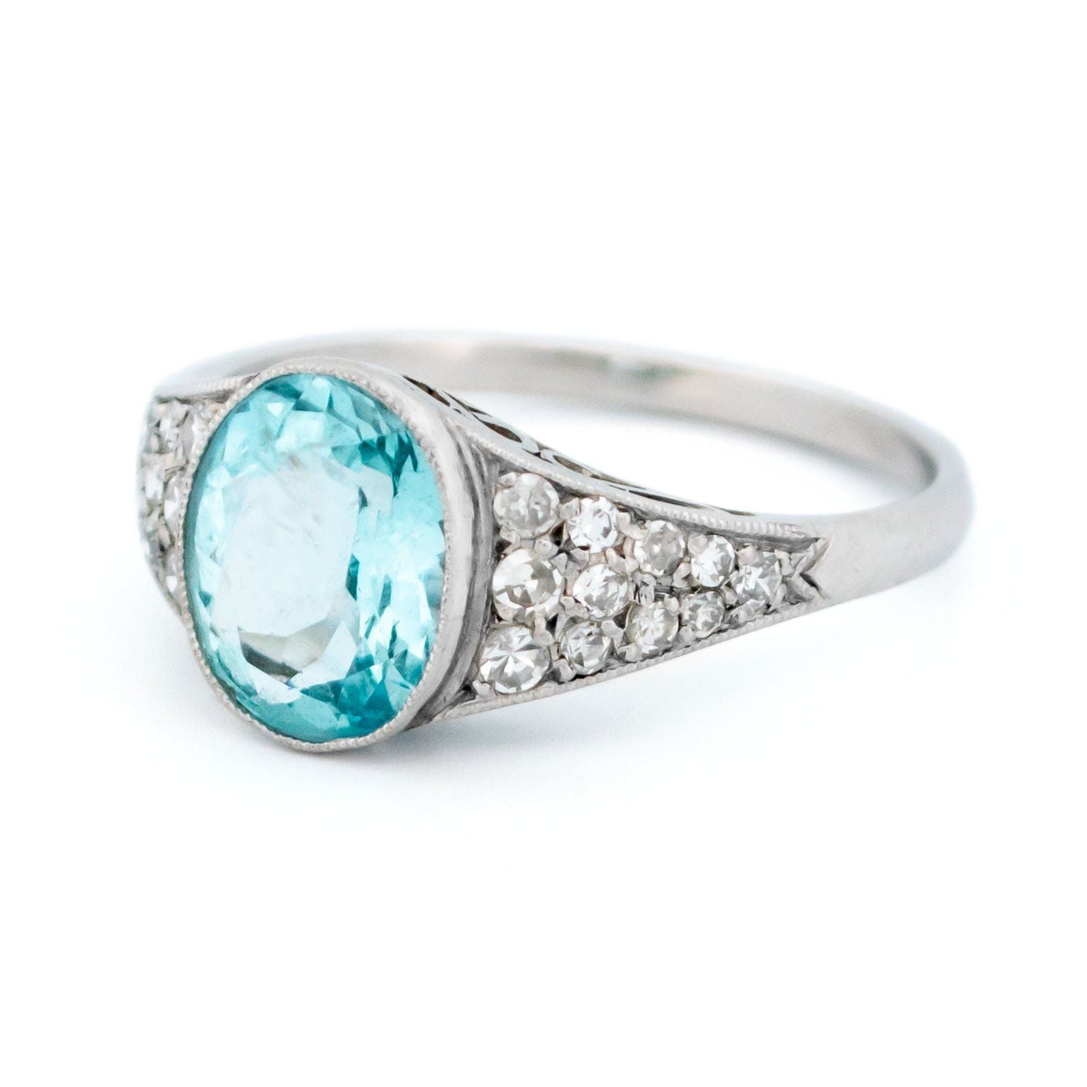 Art Deco Style Aquamarine, Diamond and Platinum Ring, 1.71 Carats