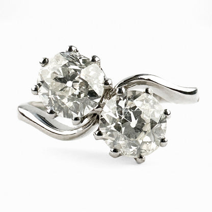 Edwardian Antique Two Stone Crossover Toi et Moi Ring in Platinum