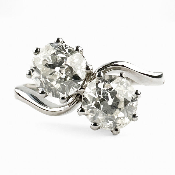 Edwardian Antique Two Stone Crossover Toi et Moi Ring in Platinum