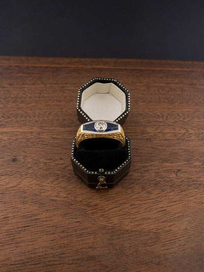 Italian Edwardian Verneuil Sapphire Diamond Three Stone Gent ring 18 KT