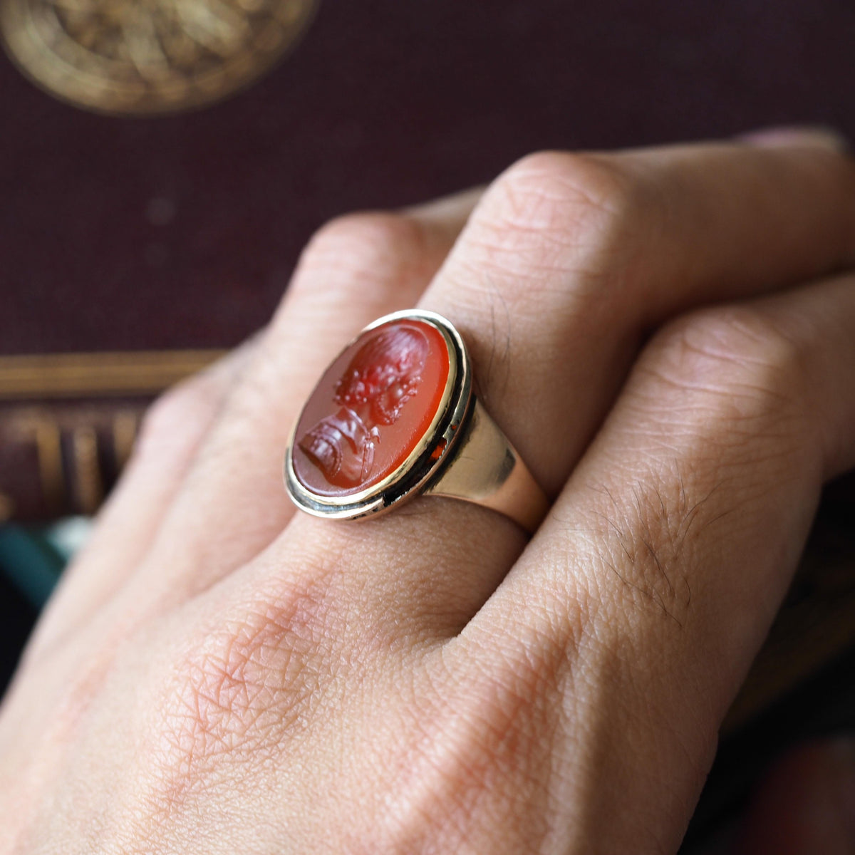 Antique 18K Gold Carnelian Intaglio Ring, Side Profile Gentleman - 19th century.