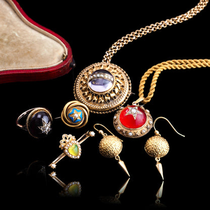 Antique Victorian Diamond & Pearl Star Necklace with Red Rock Crystal Cabochon 15ct Gold - c.1880