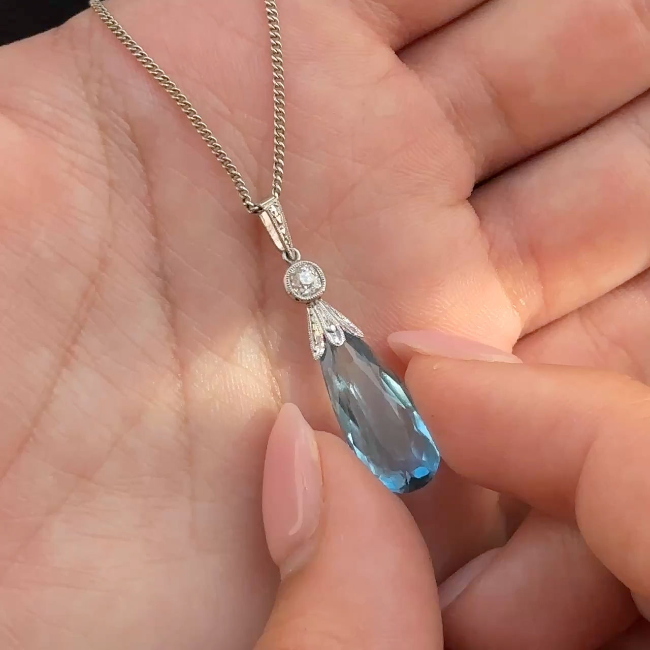 Edwardian Antique Pear Shape Briolette Cut Aquamarine and Diamond Drop Pendant in Platinum With 18ct White Gold Chain