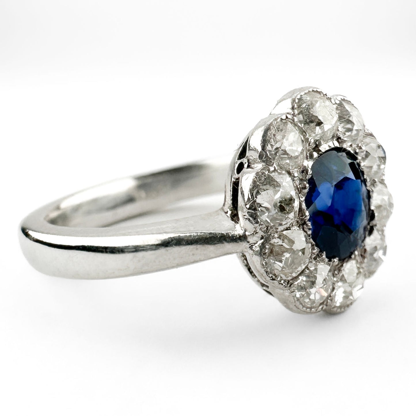 Edwardian Ceylon Sapphire &amp; Diamond Cluster Ring