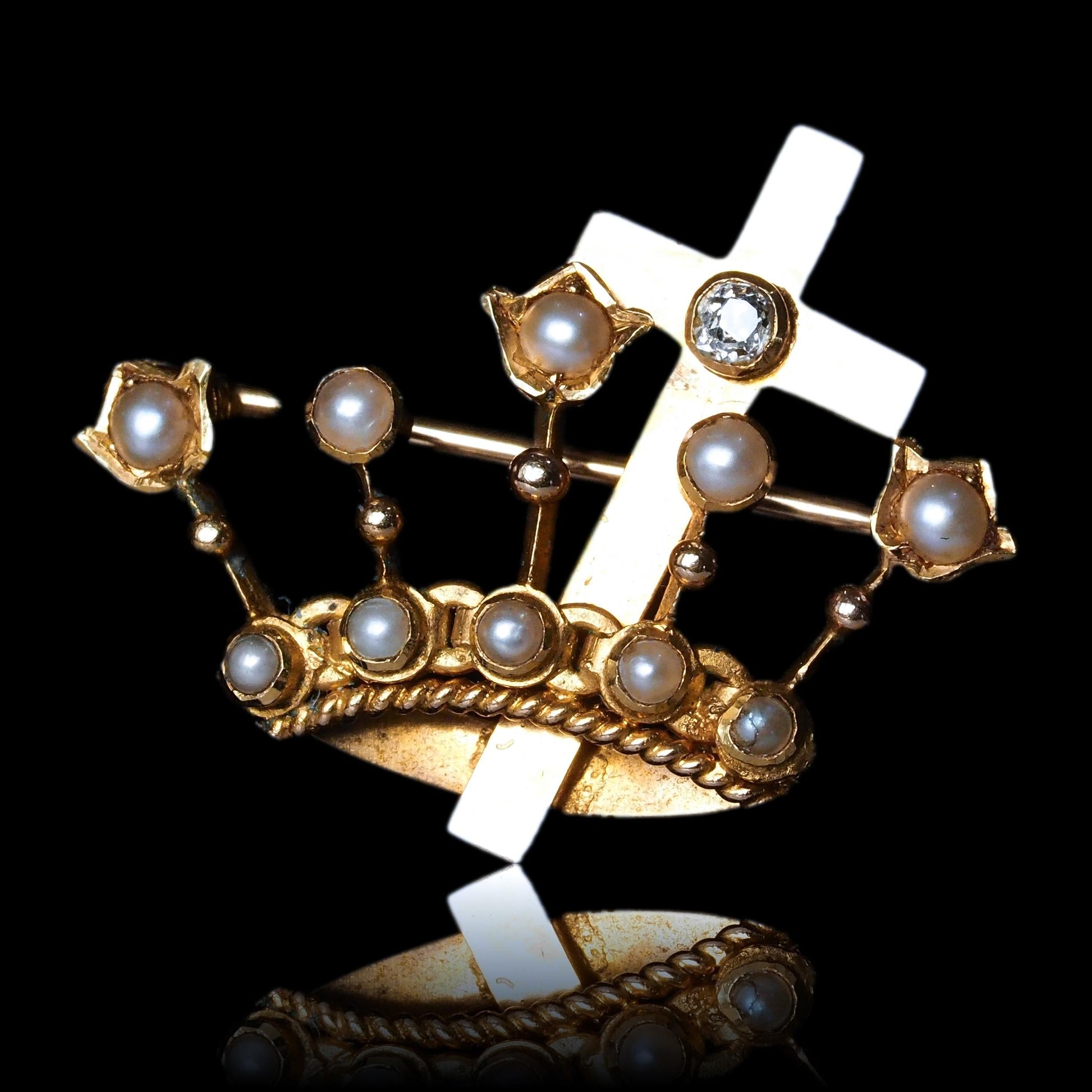 Antique Crown/Coronet Brooch Diamond & Pearls with Cross 15K Gold - c.1890