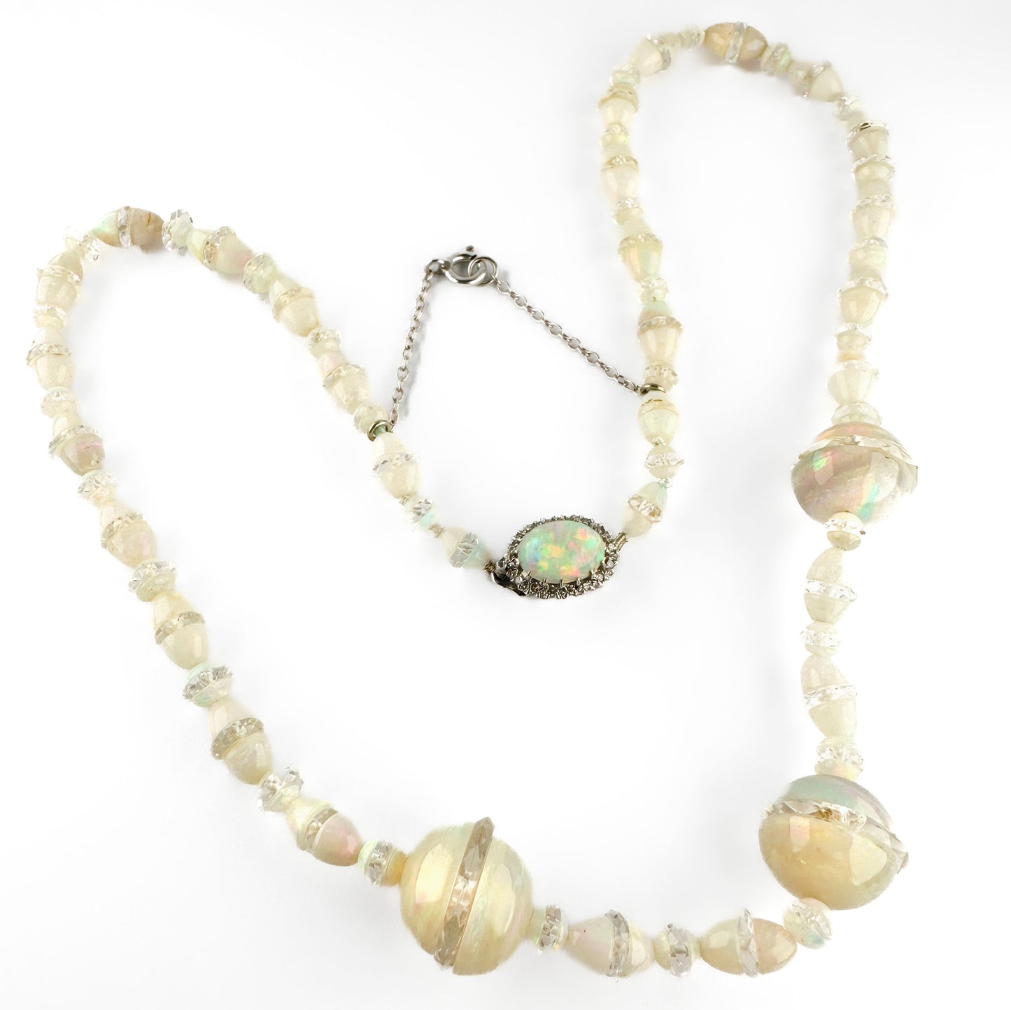 1920's Opal Bead Necklace With Diamond Clasp