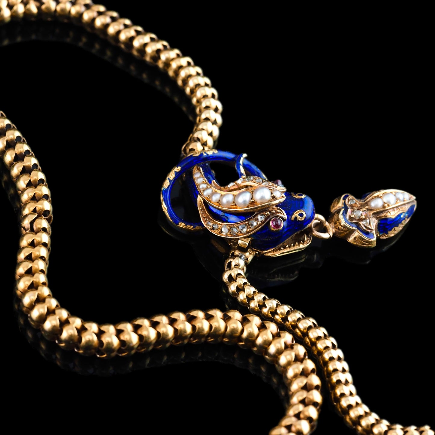 Victorian Antique Gold Snake Serpent Necklace with Diamond Pearl and Blue Enamel, Circa 1860