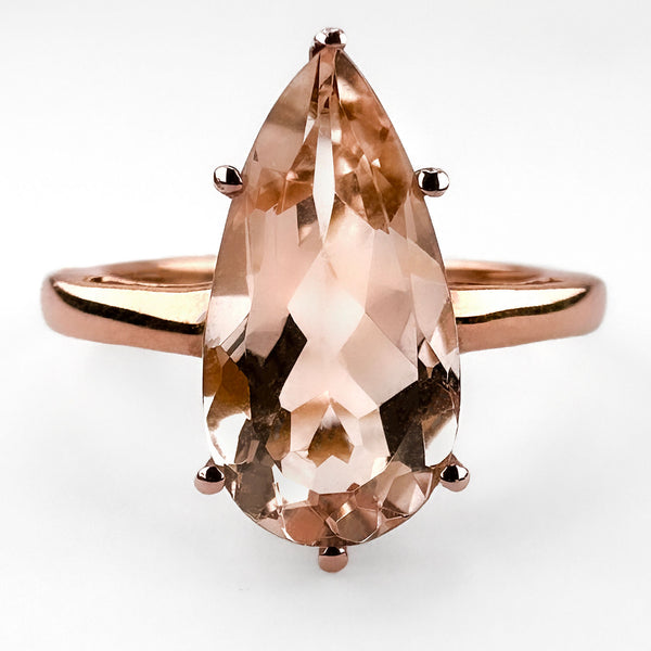 Contemporary Pear Shape Morganite Solitaire Engagement Ring in Rose Gold