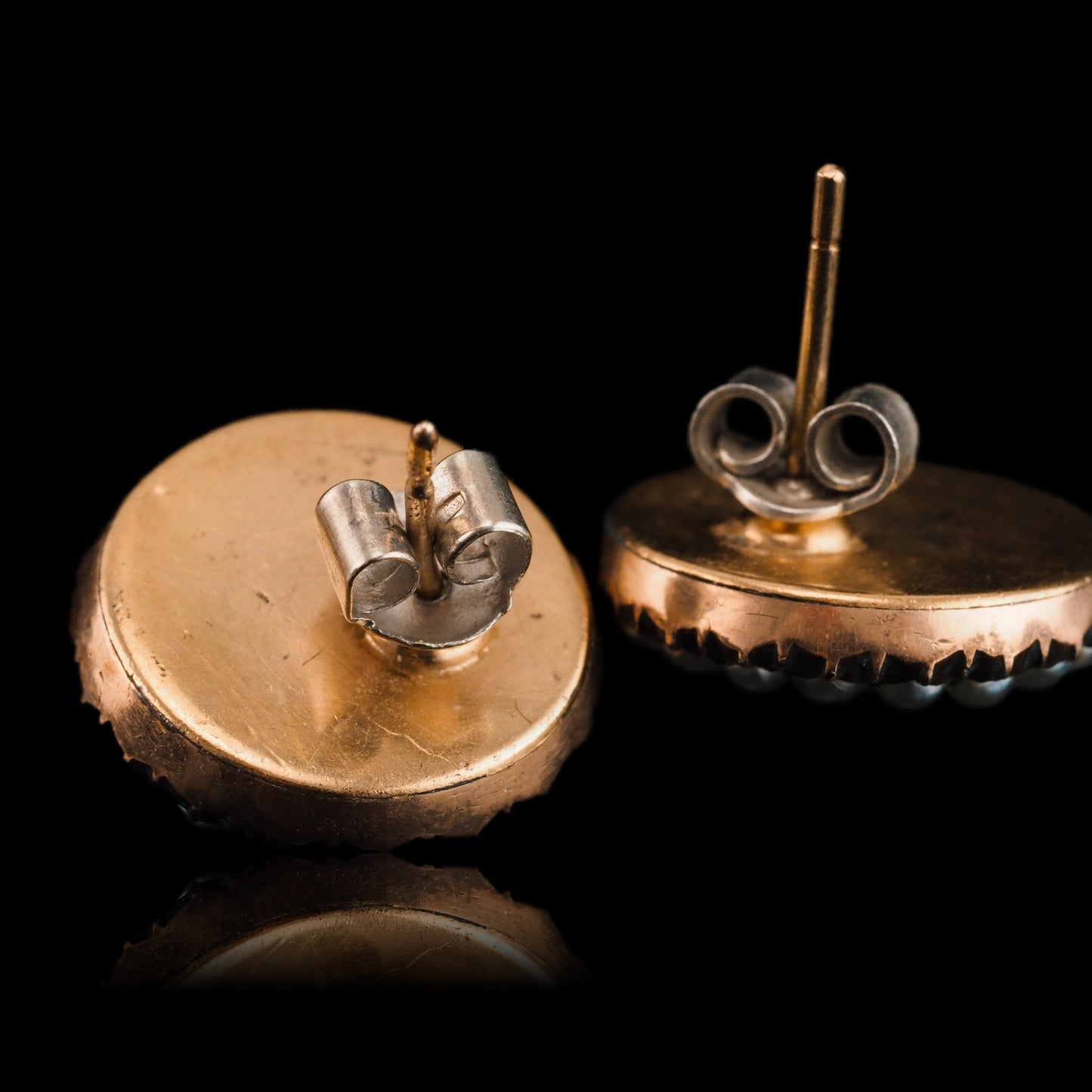 Antique Georgian Gold Earrings with Blue Enamel Guilloche and Seed Pearl Cluster 'Target' Design - c.1800