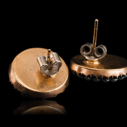 Antique Georgian Gold Earrings with Blue Enamel Guilloche and Seed Pearl Cluster 'Target' Design - c.1800