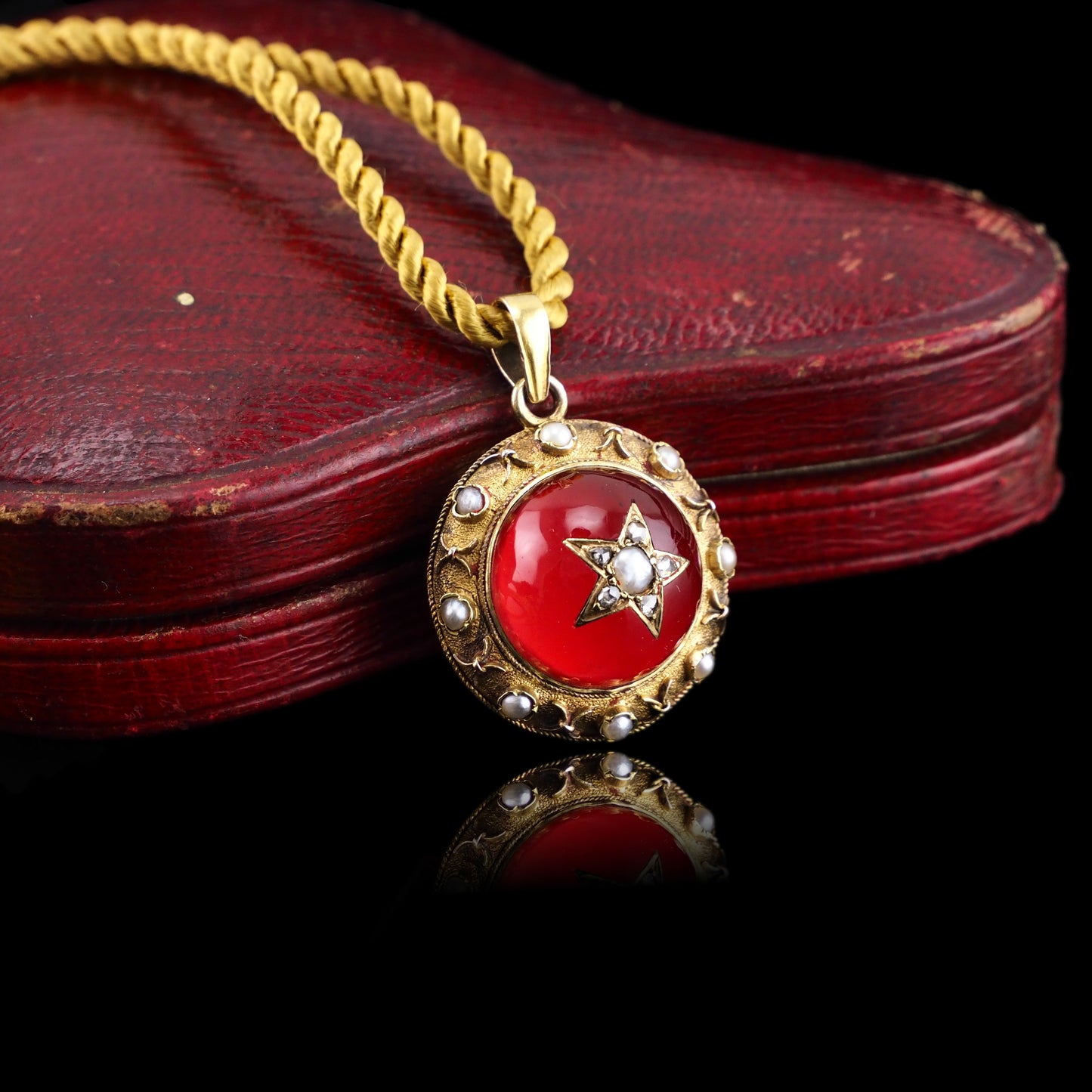 Antique Victorian Diamond & Pearl Star Necklace with Red Rock Crystal Cabochon 15ct Gold - c.1880