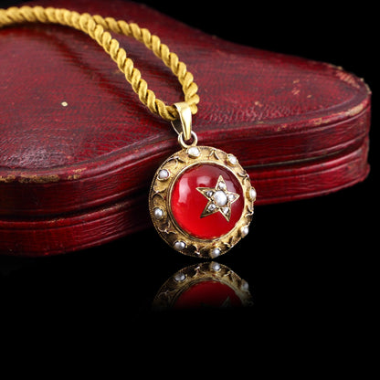 Antique Victorian Diamond & Pearl Star Necklace with Red Rock Crystal Cabochon 15ct Gold - c.1880