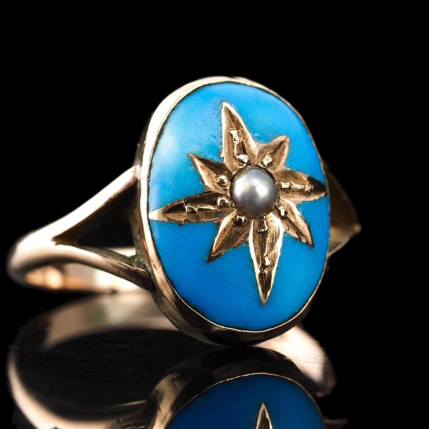 Antique Victorian Blue Enamel & Gold Star Pearl Ring 9K Gold - c.1880