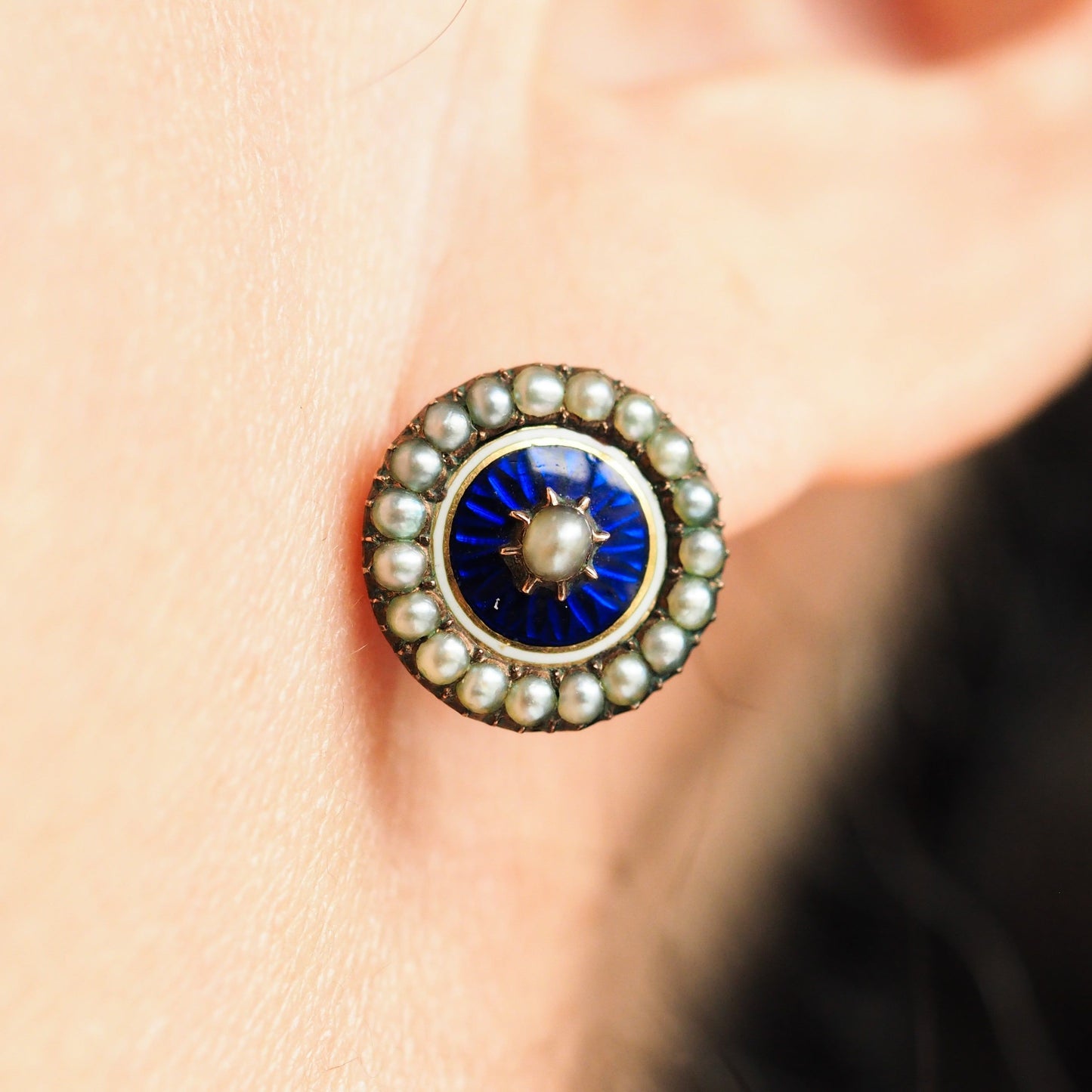 Antique Georgian Gold Earrings with Blue Enamel Guilloche and Seed Pearl Cluster 'Target' Design - c.1800