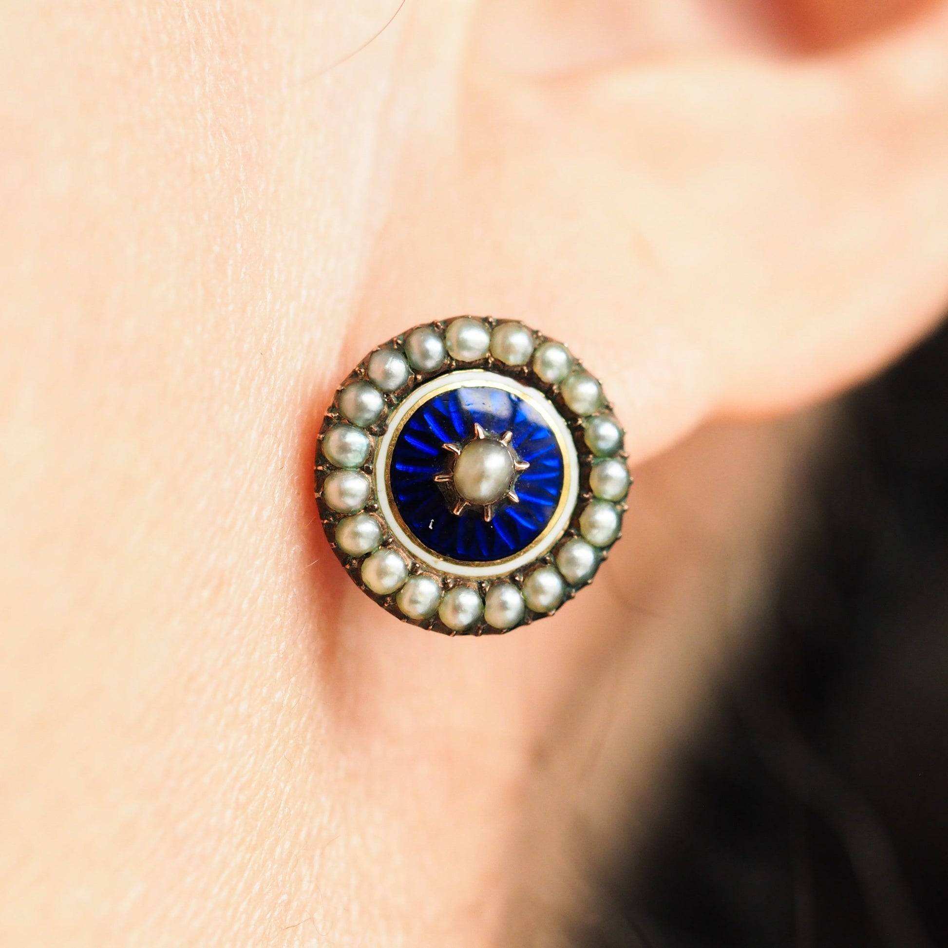 Antique Georgian Gold Earrings with Blue Enamel Guilloche and Seed Pearl Cluster 'Target' Design - c.1800