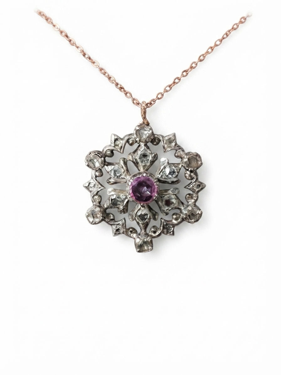Victorian Natural Ruby Rose Cut Diamond Beautiful Flower Pendant