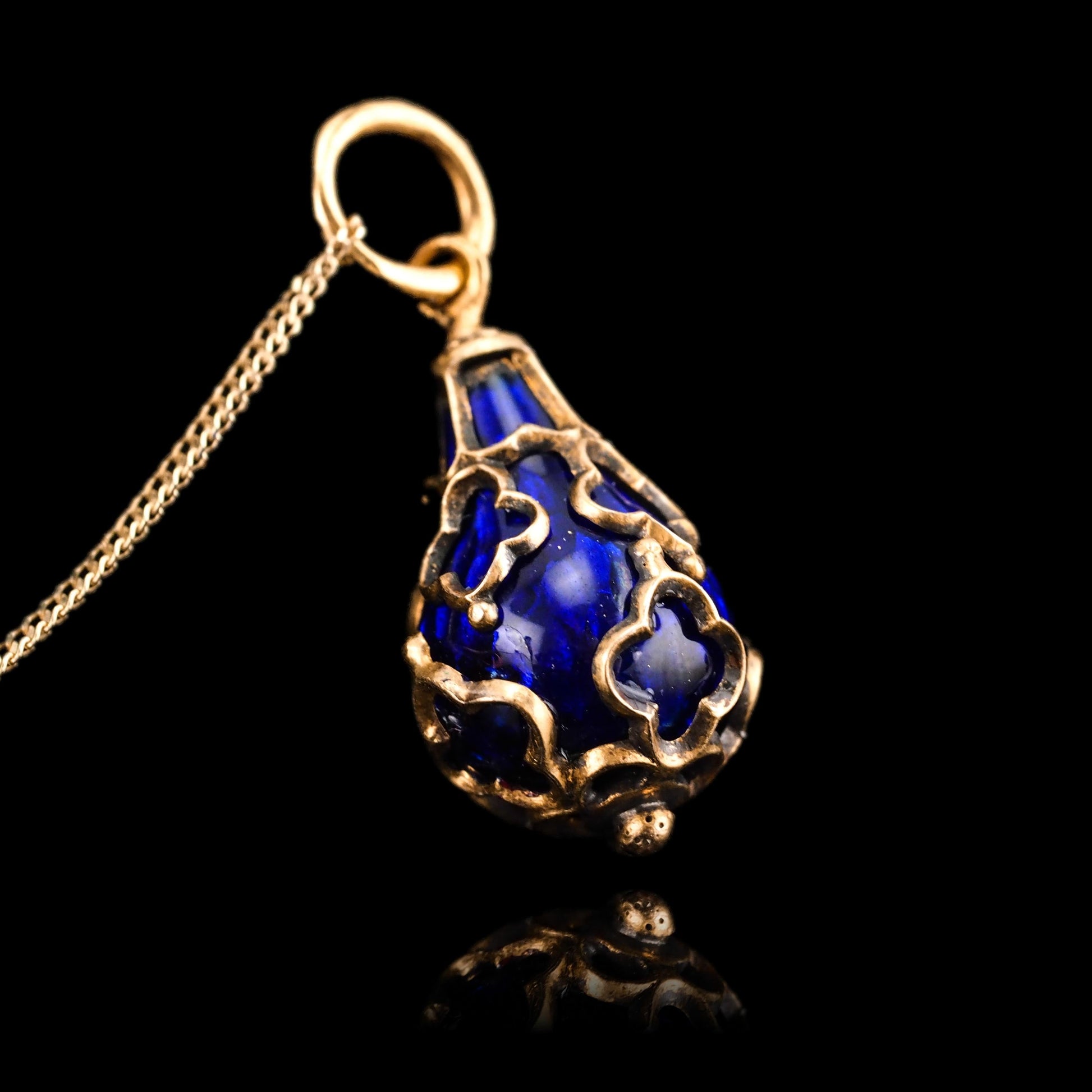 Antique Blue Enamel Guilloche Drop Pendant in 15ct Gold