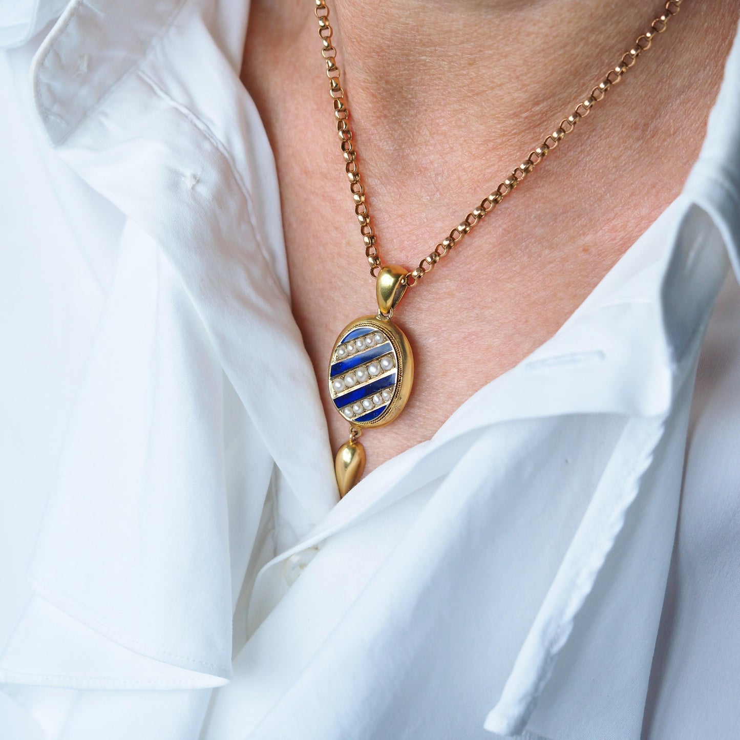 Antique Victorian 15ct Gold Blue Enamel and Pearl Pendant Locket Necklace - c.1880