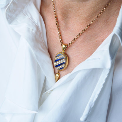 Antique Victorian 15ct Gold Blue Enamel and Pearl Pendant Locket Necklace - c.1880