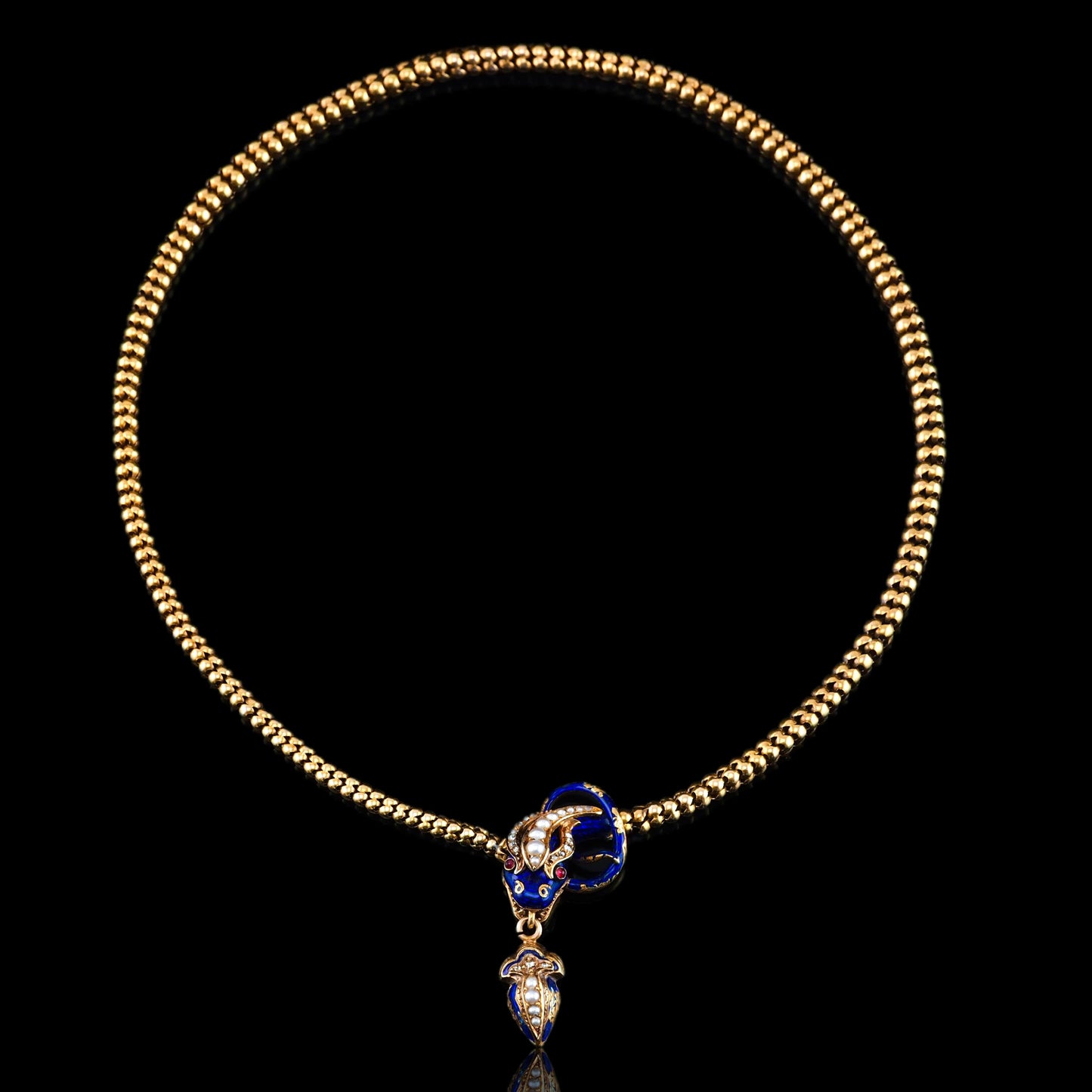 Victorian Antique Gold Snake Serpent Necklace with Diamond Pearl and Blue Enamel, Circa 1860