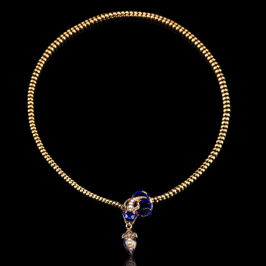 Victorian Antique Gold Snake Serpent Necklace with Diamond Pearl and Blue Enamel, Circa 1860