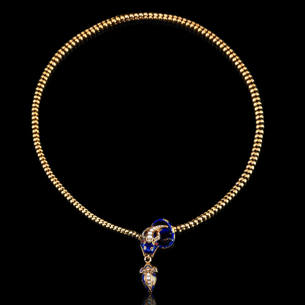 Victorian Antique Gold Snake Serpent Necklace with Diamond Pearl and Blue Enamel, Circa 1860