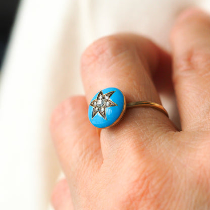 Antique Victorian Diamond Star Ring 9ct Gold Blue Enamel Cabochon - c.1890