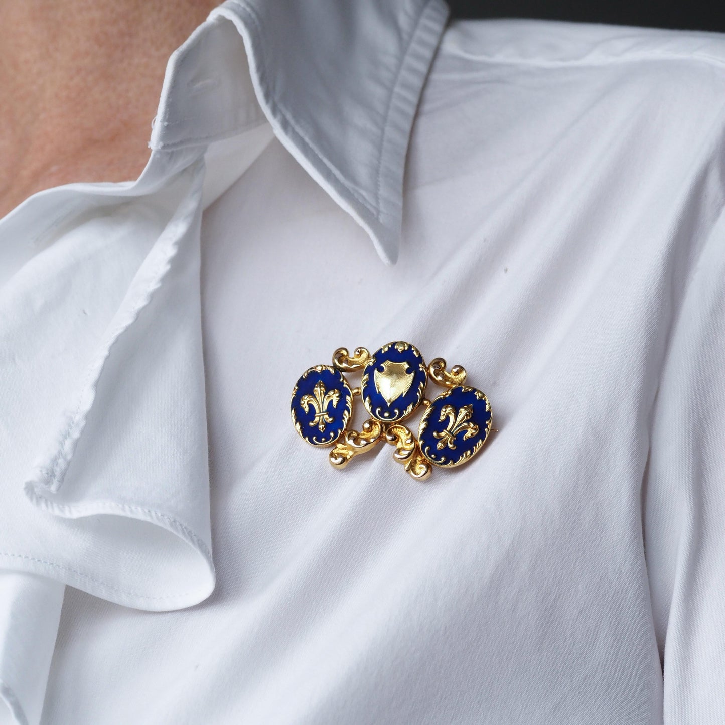 Antique Blue Enamel Fleur de Lys 18ct Gold Brooch in Triple Cartouche Design