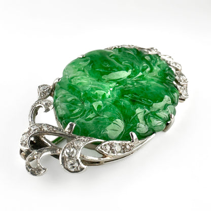 Vintage Floral Carved Jade and Diamond Brooch