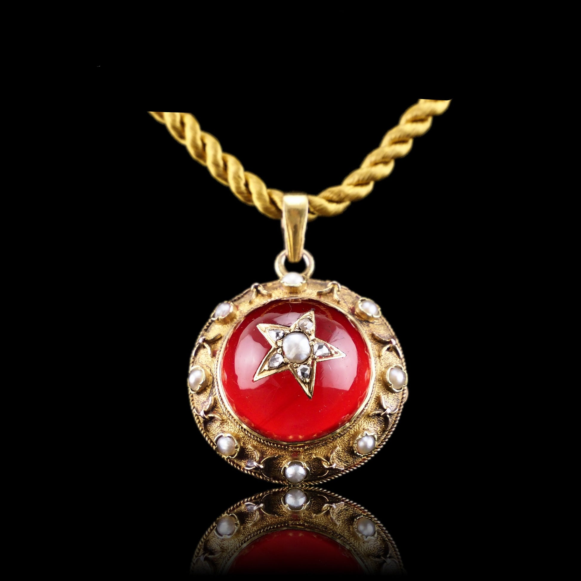 Antique Victorian Diamond & Pearl Star Necklace with Red Rock Crystal Cabochon 15ct Gold - c.1880