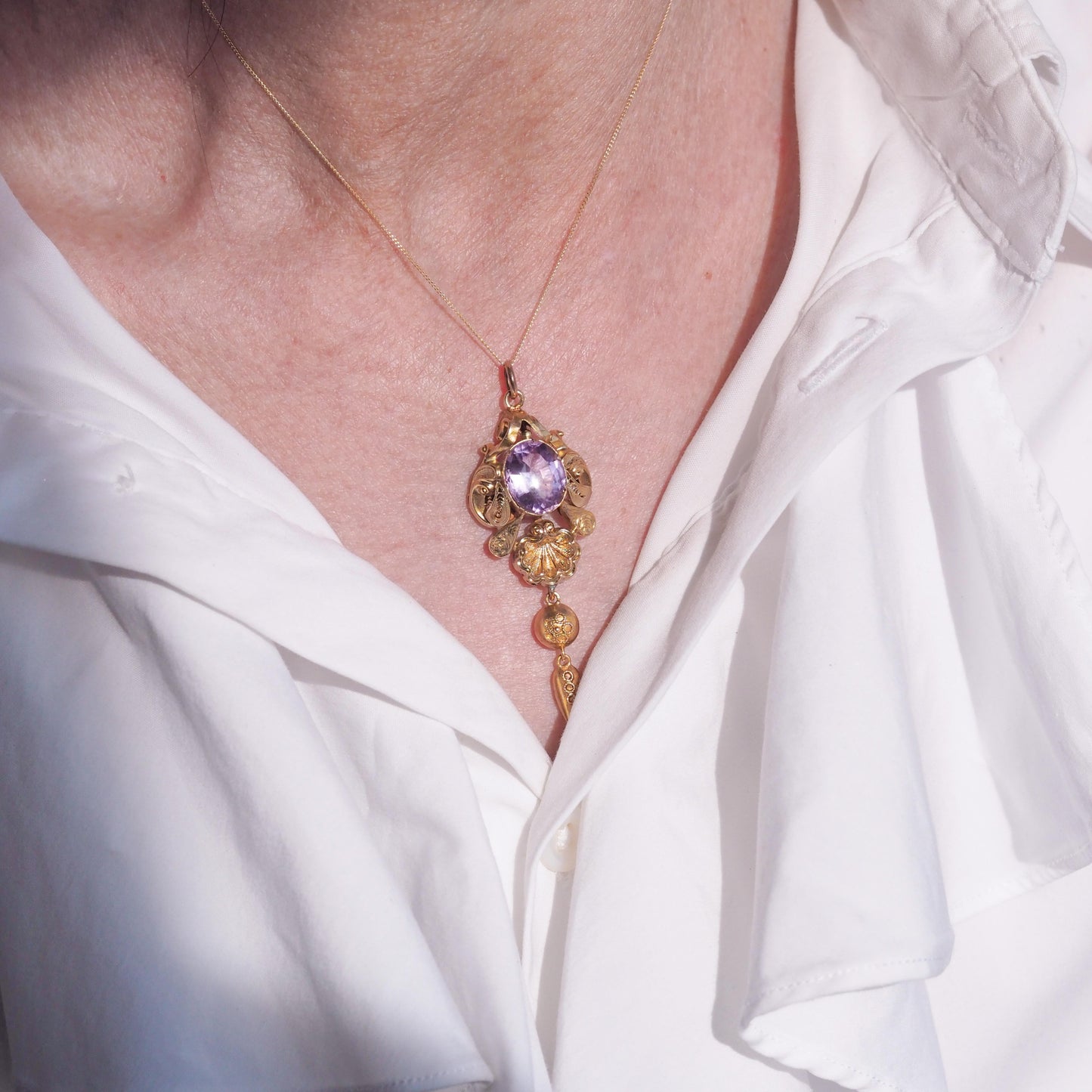 Antique Victorian Amethyst Pendant Necklace 14K Gold - 19th c.