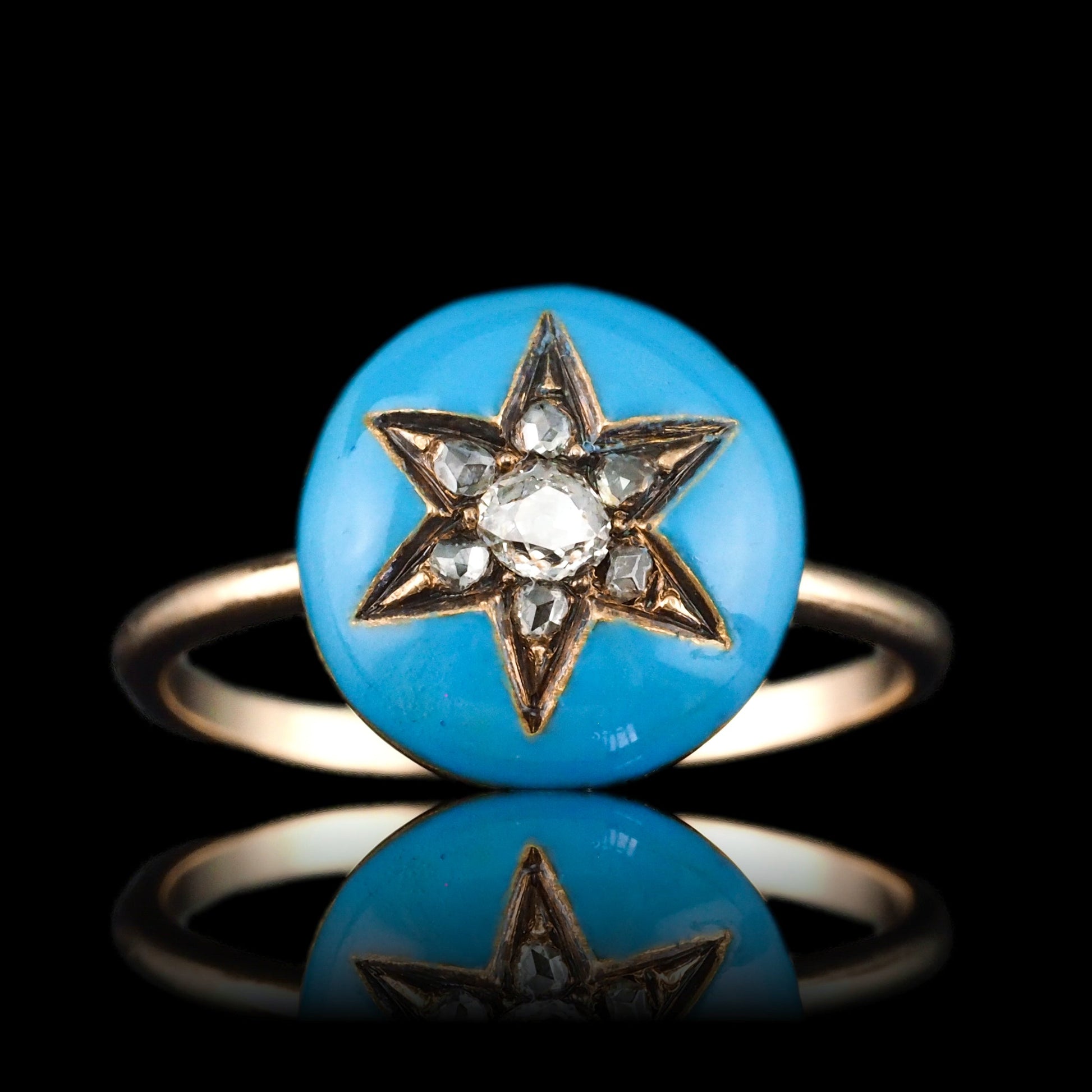 Antique Victorian Diamond Star Ring 9ct Gold Blue Enamel Cabochon - c.1890