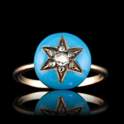 Antique Victorian Diamond Star Ring 9ct Gold Blue Enamel Cabochon - c.1890