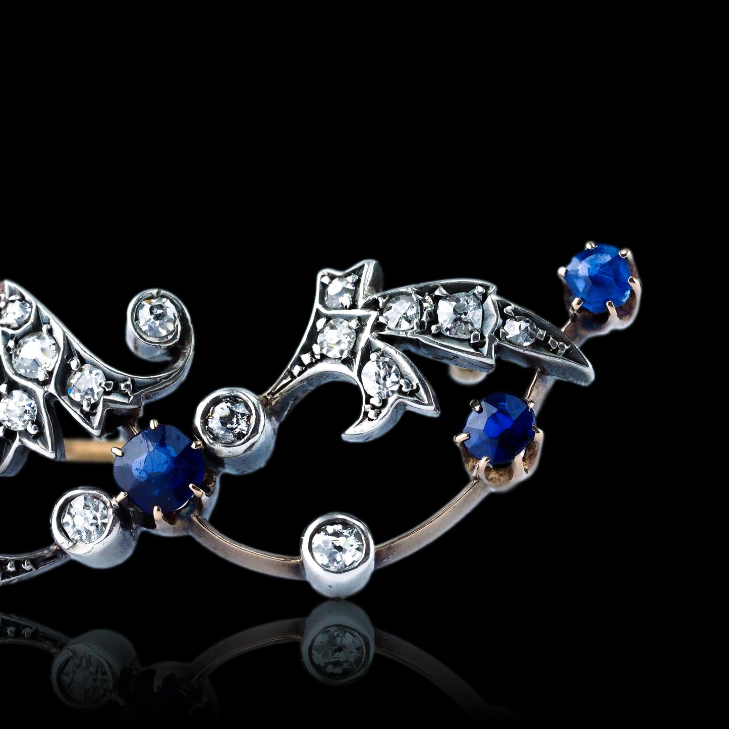 Antique Victorian Sapphire and Old Cut Diamond Brooch with Foliate Motif, Circa 1880