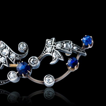 Antique Victorian Sapphire and Old Cut Diamond Brooch with Foliate Motif, Circa 1880