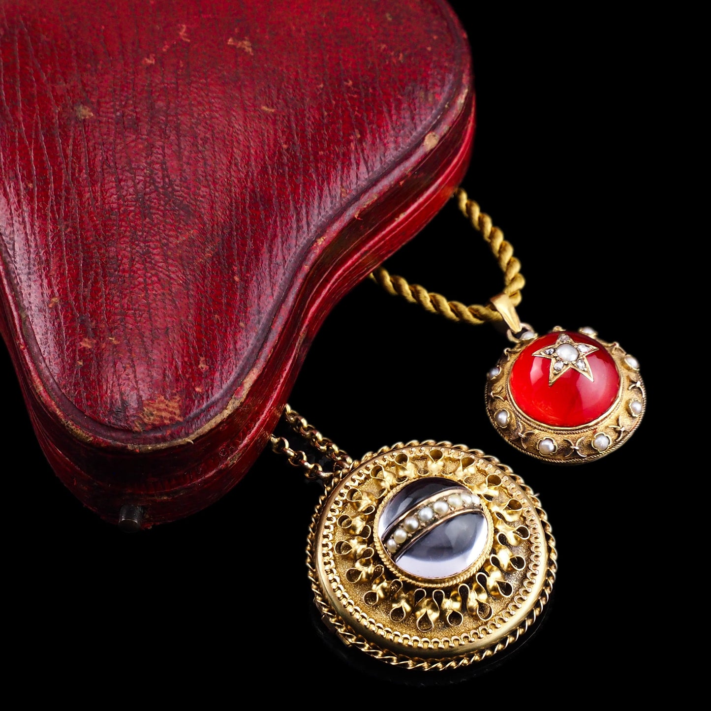 Antique Victorian Diamond & Pearl Star Necklace with Red Rock Crystal Cabochon 15ct Gold - c.1880