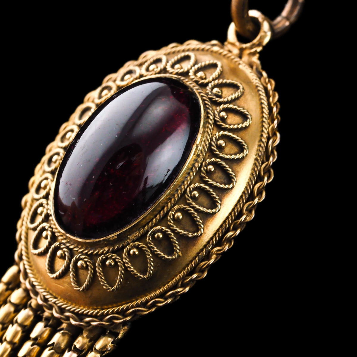 Antique Victorian Garnet Etruscan Revival Pendant Necklace 15K Gold - c.1880