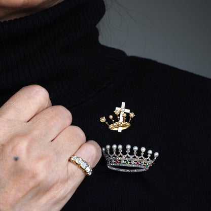 Antique Crown/Coronet Brooch Diamond & Pearls with Cross 15K Gold - c.1890