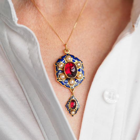 Victorian Antique Garnet Pearl Blue Enamel Holbeinesque Pendant Necklace