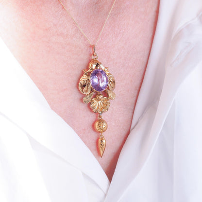 Antique Victorian Amethyst Pendant Necklace 14K Gold - 19th c.