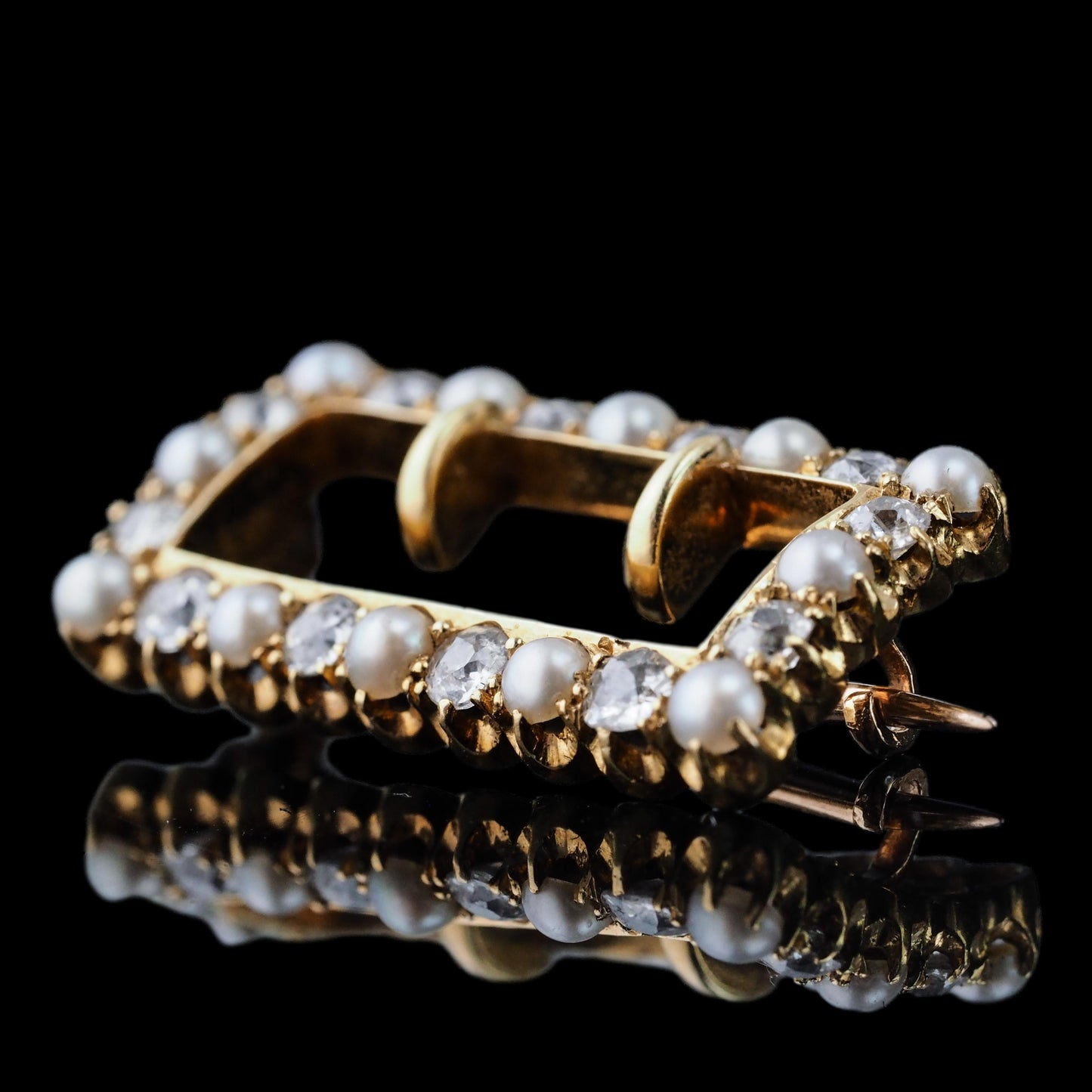 Antique Victorian Diamond Pearl Brooch/Pendant Buckle Shape 18K Gold - c.1890