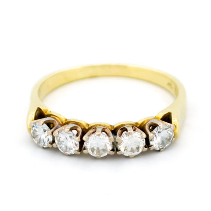Vintage 14 Carat Yellow and White Gold Five Stone Brilliant Cut Diamond Ring, 0.70 Carat
