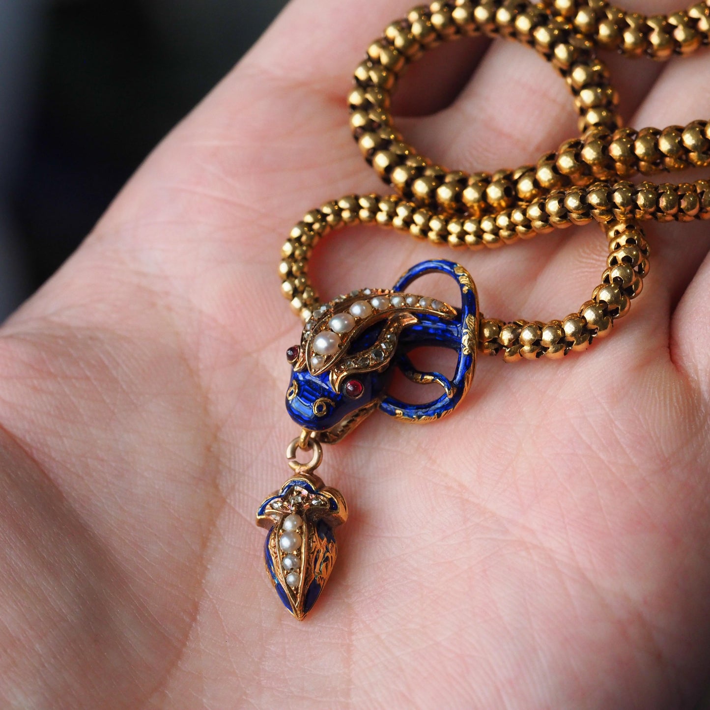 Victorian Antique Gold Snake Serpent Necklace with Diamond Pearl and Blue Enamel, Circa 1860