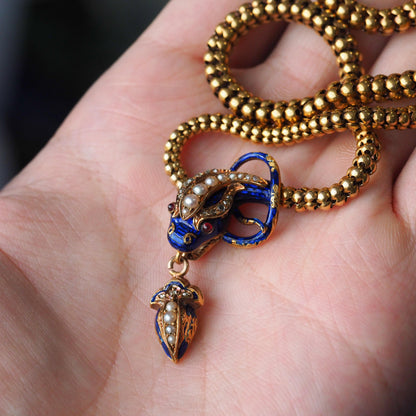 Victorian Antique Gold Snake Serpent Necklace with Diamond Pearl and Blue Enamel, Circa 1860
